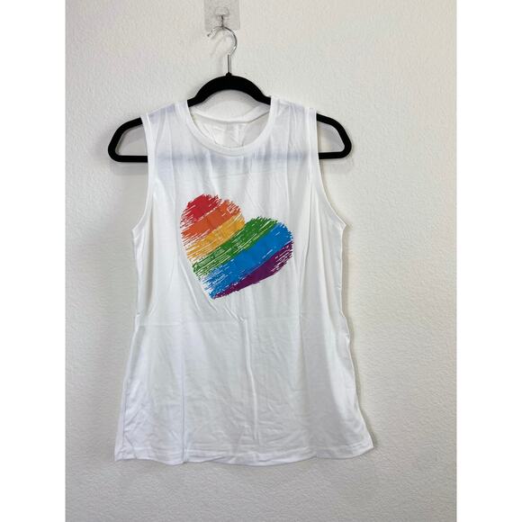 NWOT White Sleeveless Tank Top Rainbow Heart Pride Yoga Medium - Picture 6 of 9